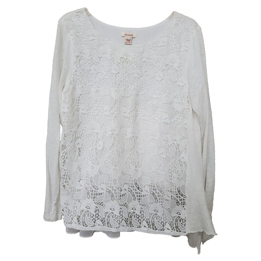 Sundance White Linen Lace Overlay Long Sleeve Flowy Tunic Size Large
